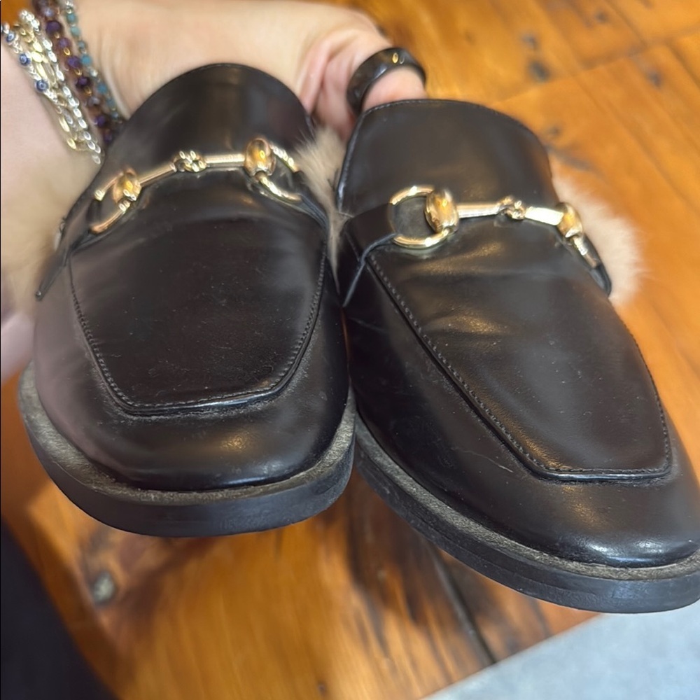Women's Black Faux Leather Loafers with Fur Lining - Picture 6 of 10